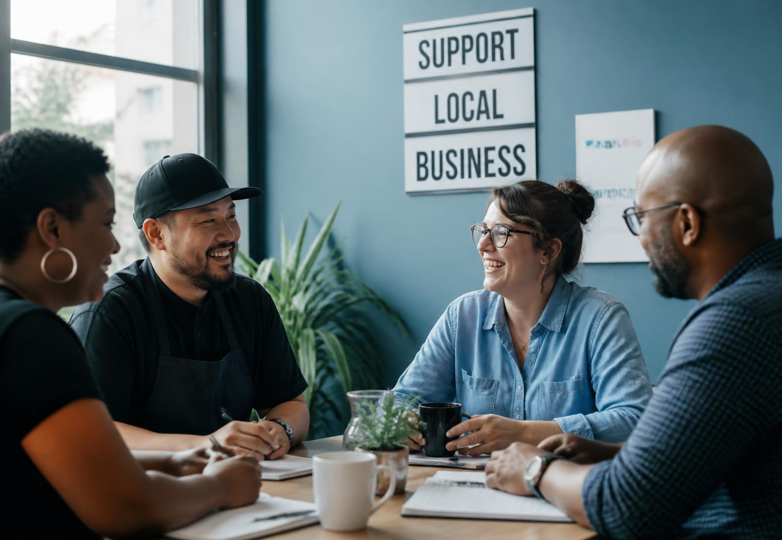 Local business owners talking around a table at a RiSE meeting